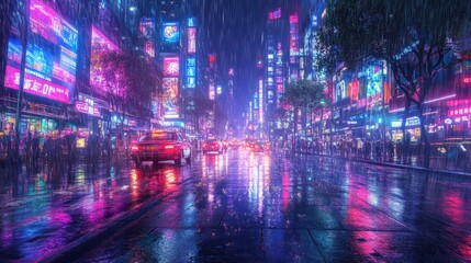 A futuristic city under a dark sky, rain-slicked streets with neon reflections, cyberpunk aesthetic