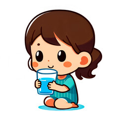 Vector illustration of a little girl happily drinking pure water from a glass on a white background.