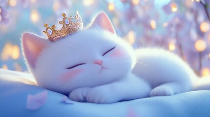A charming white cat with a golden crown peacefully sleeping in a dreamy, serene environment.