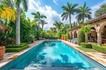 Beautiful Upscale Backyard Pool Surrounded by Palm Trees and Lush Greenery in Miami, Florida