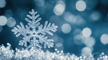 A Single Snowflake Glistens in the Winter's Embrace, a Delicate Work of Art with a Blue Background