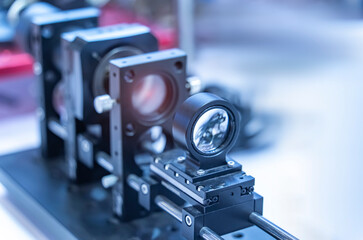 Experiment with laser device in optical laboratory
