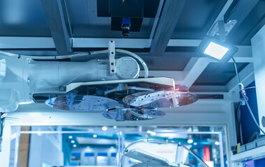 Silicon wafer extracted by Pick and Place automate robot arm Machine. Computer Chip Manufacturing...
