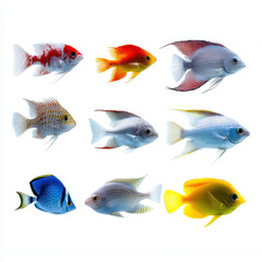 A collection of nine colorful aquarium fish species displayed against a white background, showcasing a variety of shapes and colors.