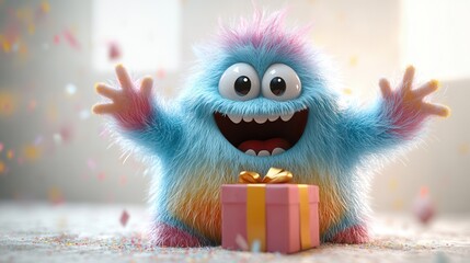 Fototapeta premium A colorful furry creature joyfully celebrating with a gift box, embodying playfulness and happiness in a vibrant atmosphere.