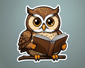 Cartoon owl sitting on a branch, reading a book.