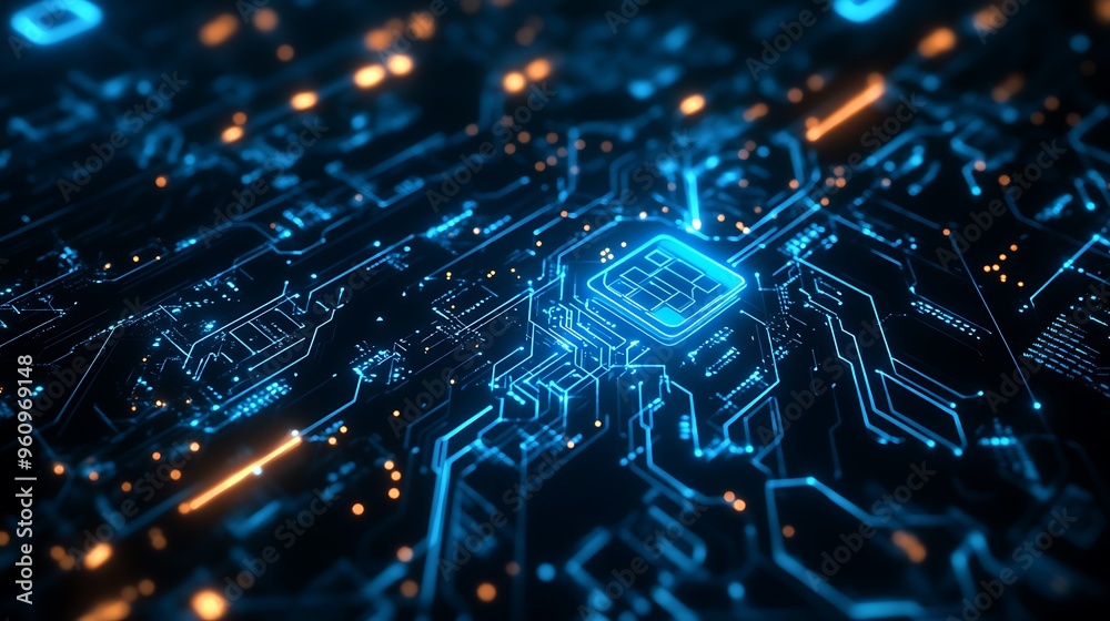 Poster glowing blue circuit board with central processor