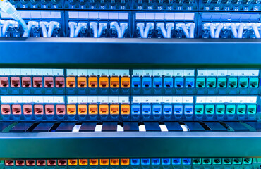 Server rack with colorful patch panel in data server room
