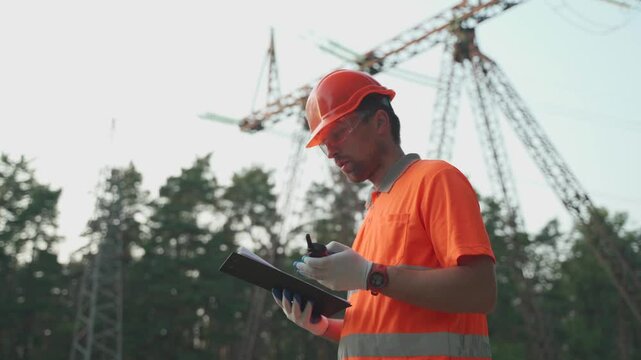 Man in work clothes and an orange colored hard hat uses walkie-talkie to transmit information to colleagues against power line in an outdoor. Electric substation worker using radio and clipboard. 