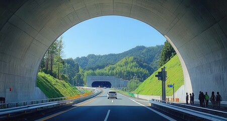 Fototapeta premium A scenic view through a tunnel, showcasing a highway leading to mountainous landscapes and vibrant greenery.