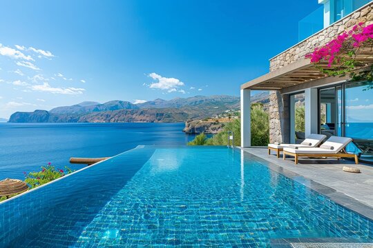 Luxurious Pool with Blue Water Overlooking the Sea in Kus Suoi, Egrousanou, Crete, Greece