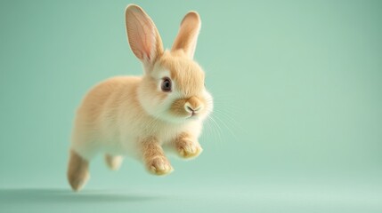 Obraz premium Adorable Baby Rabbit Hopping on Pastel Green Background with Soft Shadows, Isolated Cuteness for Design Concepts