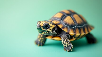 Obraz premium Adorable Baby Tortoise Crawling on Softly Lit Light Green Background in Close-Up View