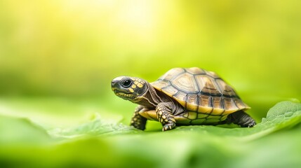 Obraz premium Tiny Baby Tortoise Crawling on Soft Lit, Light Green Background - Close-up View of Adorable Reptile in Motion