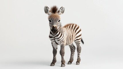Naklejka premium Adorable Baby Zebra Standing on Light Gray Background with Soft Shadows in Close-up Shot