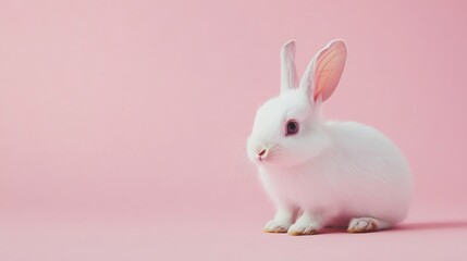 Obraz premium Adorable Baby Rabbit Sitting on Pastel Pink Background in Soft Lighting Isolated Shot