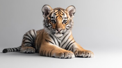 Obraz premium Adorable Baby Tiger Cub Resting on Light Gray Background with Soft Shadows, Isolated Cutie