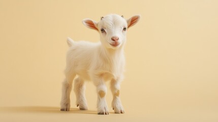 Obraz premium Adorable Baby Goat Standing in Gentle Lighting on Beige Background - Close-Up Shot of Cute Farm Animal