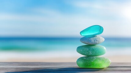 A serene stack of colorful sea glass stones balanced by the beach, symbolizing tranquility and harmony in nature.