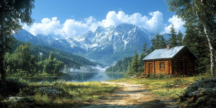 A rustic cabin sits by a tranquil lake with a view of snow-capped mountains in the distance.