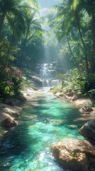 A serene tropical landscape featuring a crystal-clear river flowing through lush greenery and vibrant foliage, illuminated by soft sunlight.