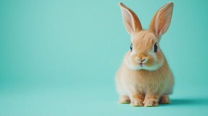 Obraz premium Adorable Tiny Bunny Sitting on Pastel Green Background with Soft Shadows