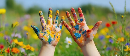 A pair of hands with colorful paint on them, holding up to the camera in front of a field full of wildflowers.