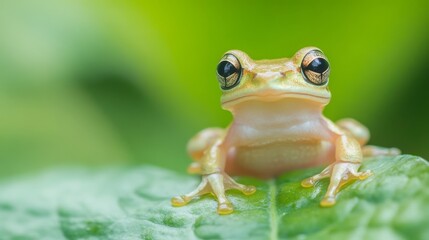 Tiny Baby Frog Sitting on Leaf with Soft Shadows in a Close-Up Shot on Light Green Background
