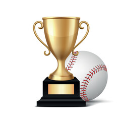 Vector 3d Realistic Metal Yellow Golden Champion Cup and Baseball Set, Isolated. Championship Trophy Design Template for Sports Concept, Front View