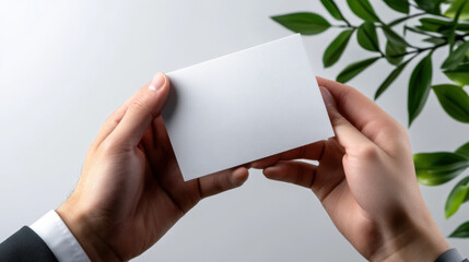 Obraz premium Close-up of hands holding a blank white business card with a green plant in the background, suitable for branding or corporate concepts.
