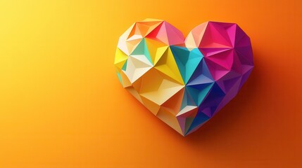A vibrant, geometric heart art piece featuring colorful facets on an orange background, perfect for expressing love and creativity.