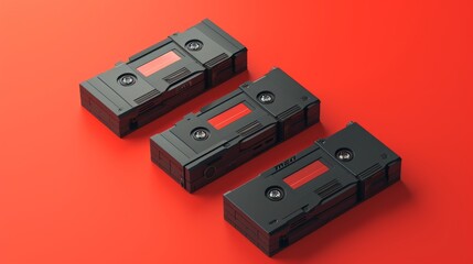 Obraz premium A visually striking arrangement of three black VHS tapes placed side by side on a vibrant red surface, evoking a sense of nostalgia and vintage media technology.