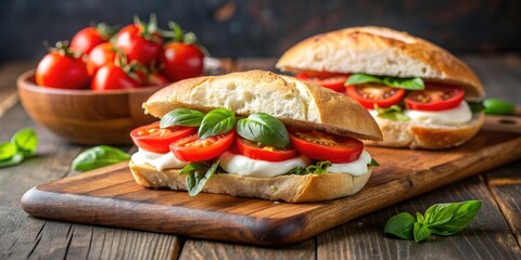 Fresh Italian Caprese sandwiches with ripe tomatoes and creamy mozzarella cheese on ciabatta bread, caprese, Italian