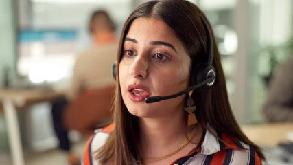 Call center, communication and woman agent in office with crm, customer care or inbound contact. Consultation, technical support and travel consultant with headset for online hospitality client.