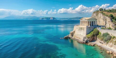Stunning view of ancient Hellenic temple overlooking tranquil coastline in Corfu Island, Greece, Greek, temple, architecture