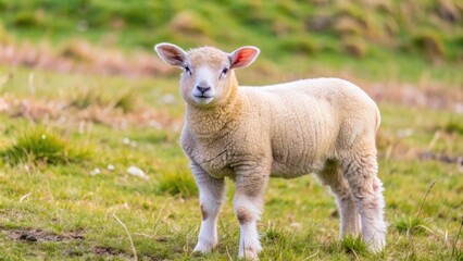 Fototapeta premium Mild lamb standing in a lush green pasture, lamb, sheep, mild, cute, fluffy, animals, farm, nature, peaceful, domestic, livestock