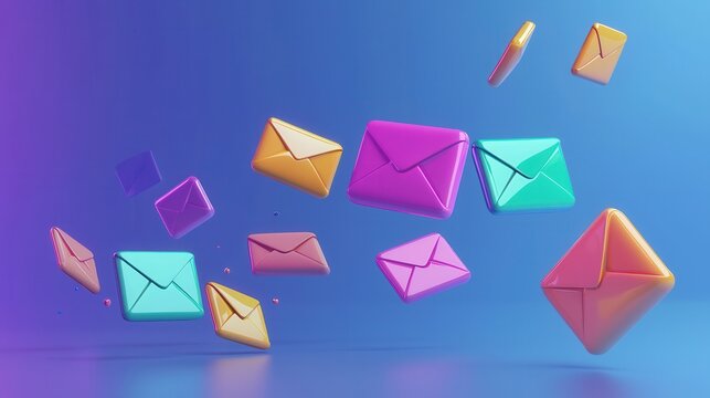 Colorful envelopes floating in a vibrant digital space, representing communication and messaging technology.
