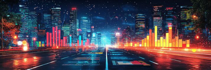 A futuristic city skyline at night with glowing bars and data.
