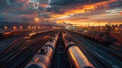 Obraz premium Train tracks leading into the distance with a fiery sunset sky above.