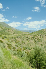 Obraz premium Ojai, California hike in the hills with gorgeous scenery with bright blue skies and amazing views of the wineries and nature scenes