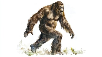 Watercolor Illustration of a Bigfoot or Sasquatch Walking in Nature with Detailed Fur and Natural Background