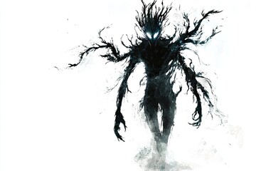 Dark Mysterious Shadowy Figure with Glowing Eyes and Branch-Like Appendages on White Background
