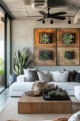 Modern living room featuring a stylish sofa, wooden coffee table, and elegant plant decor for a chic, contemporary vibe.