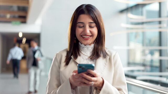 Office, texting and woman with smartphone, smile and search of candidates, online and recruiter on app. Business, scouter and person with mobile, typing and communication for screening and interview