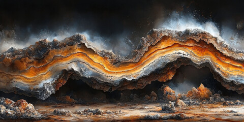 Abstract landscape with layered rock formations.