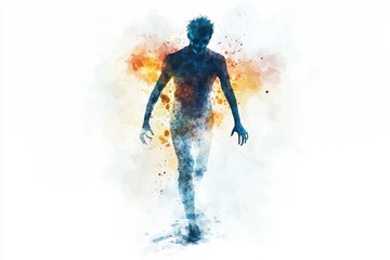 Abstract Watercolor Silhouette of a Zombie with Fiery Background in Artistic Style