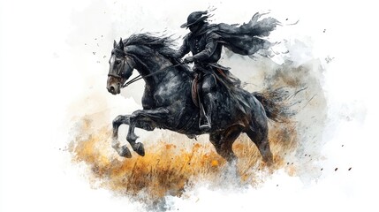 Obraz premium Dynamic Digital Art of a Lone Rider on a Galloping Horse in a Dramatic Landscape