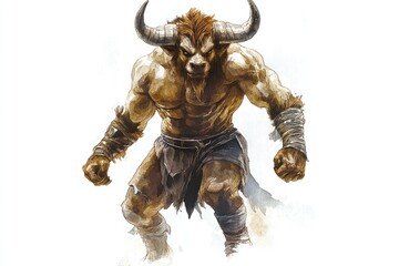 Powerful Minotaur Warrior Illustration with Muscular Build and Horns in Dynamic Pose