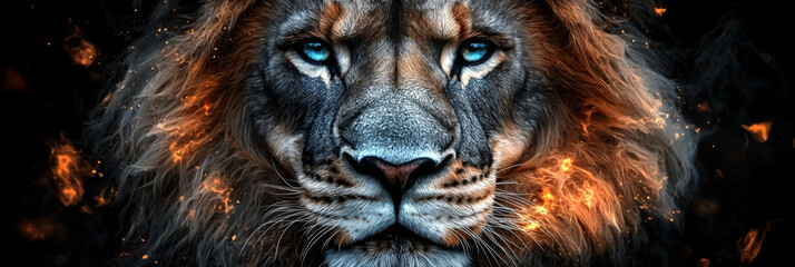 Fierce lion with blue eyes, surrounded by fire.