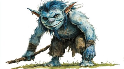 Fototapeta premium Fantasy Blue Troll with Stick in Hand, Standing on Grass, Detailed Illustration